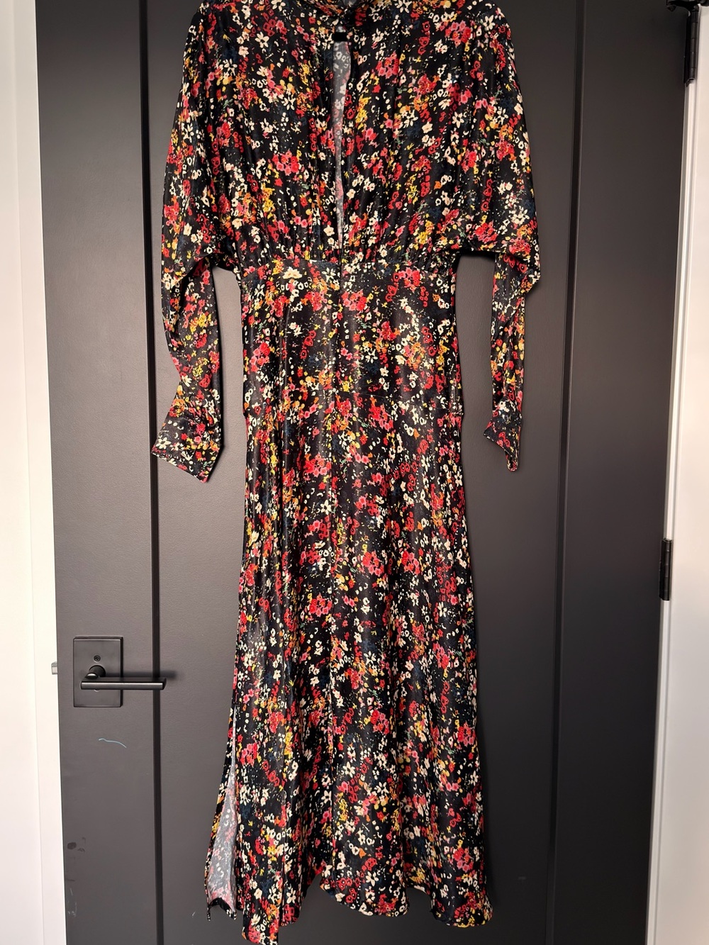 Something Navy Black Floral Long Sleeve Midi Dress with Red & Yellow Blooms